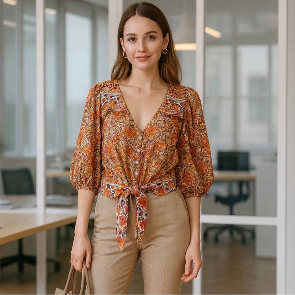 Rachel Zoe Cropped Boho V-front Tie-Front Floral Linen Top‎ Orange & Purple - Picture 4 of 14